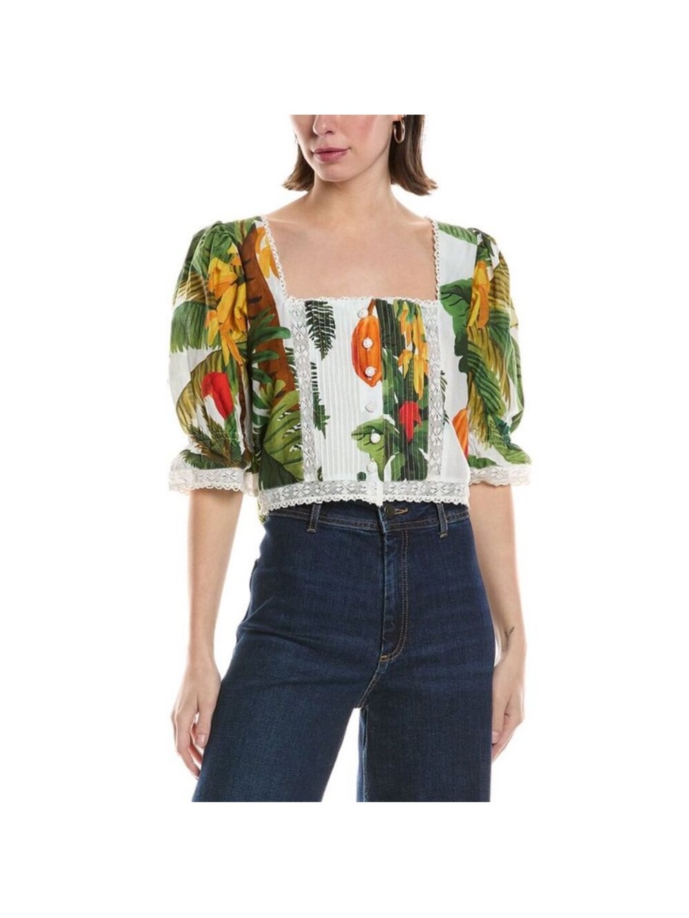 FARM Rio White Tropical Floral Lace-Trim Square Neck Crop Top